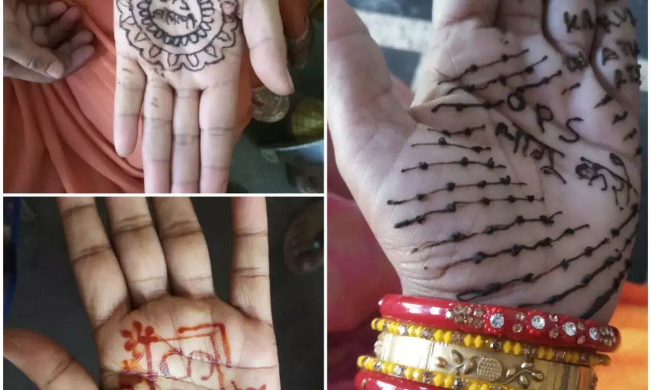 करवाचौथ के अवसर पर पुरानी पेंशन बहाली के लिए हाथ मे मेहंदी लगाकर महिला पदाधिकारियों ने मांगा पुरानी पेंशन