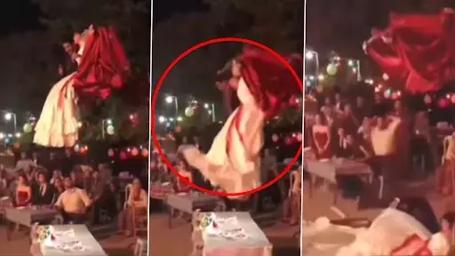 Video: झूले पर दूल्हा और दुल्हन लेना चाहते थे ग्रैंड एंट्री, अचानक बिगड़ गया सारा खेल और दोनों गिरे धड़ाम