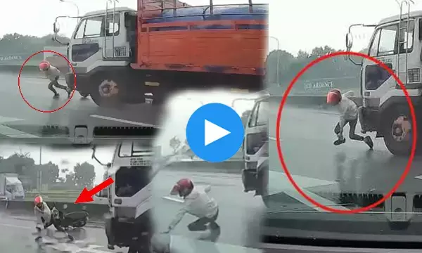खौफनाक वीडियो! इस शख्स ने मौत को दे दिया चकमा... ट्रक से होने वाली थी भीषण टक्कर, बाइकर ने ऐसे दिया चकमा