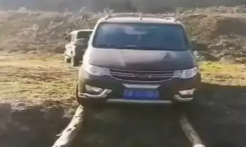 दो बल्लियों के ऊपर से  निकाली कार, अपने अनुभव से कर दिखाया बड़ा कारनामा... देखें वीडियो