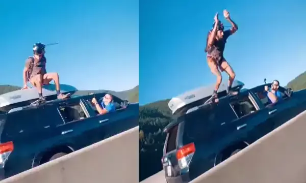 OMG: चलती गाड़ी से पुल के नीचे कूदा शख्स, जानें फिर क्या हुआ... देखें वीडियो