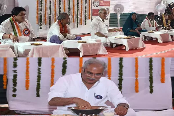 CM भूपेश ने मजदूरों के साथ खाया बोरे बासी, CS और सीएम सचिवालय के अफसरों ने भी लिए बोरे बासी का स्वाद, देखिए फोटो