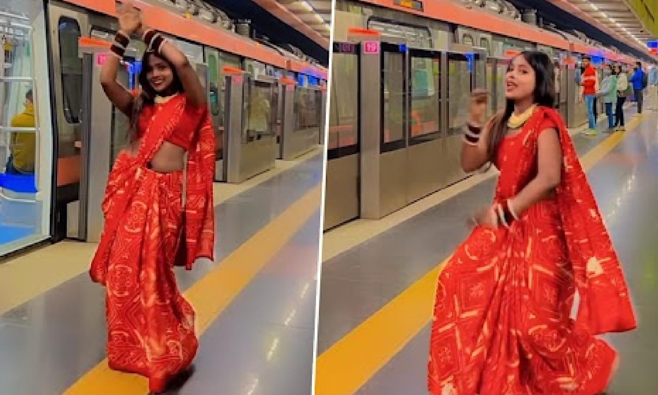 Desi Bhabhi Dance देसी भाभी ने मेट्रो स्टेशन पर लाल साड़ी पहन कर 