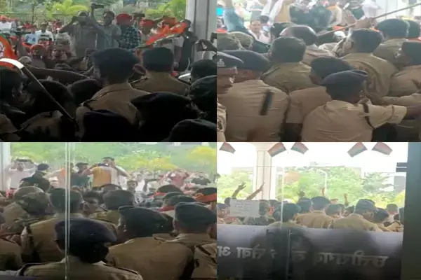 PSC उग्र प्रदर्शन: वीडियो में देखिए भाजयुमो कार्यकर्ता पुलिस बेरिकेड्स को तोड़ PSC के मेन गेट तक पहुंच गए