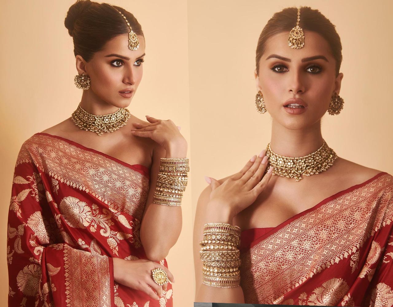 कातिल निगाहें, कयामत लुक, एक्ट्रेस तारा सुतारिया ने रेड बनारसी साड़ी ...