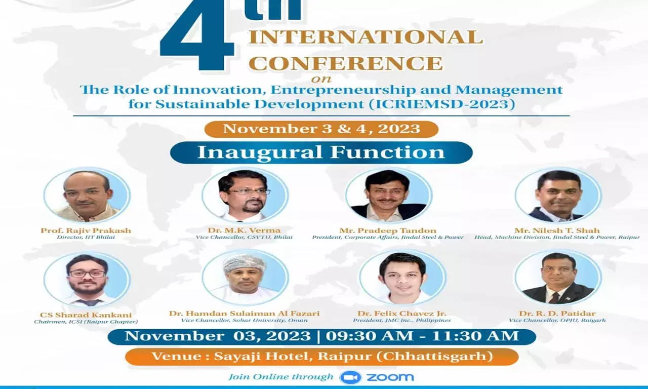 ओपीजेयू के चतुर्थ रोल ऑफ़ इनोवेशन: आंत्रप्रेन्योरशिप एन्ड मैनेजमेंट फॉर सस्टेनेबल डेवलपमेंट’ विषय पर दो-दिवसीय अंतर्राष्ट्रीय सम्मेलन का आयोजन 3 नवम्बर से रायपुर में...