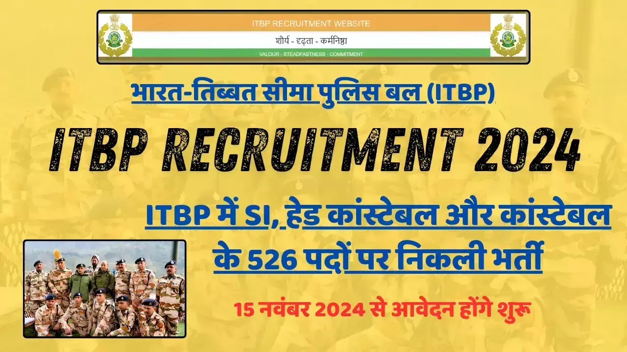 ITBP Recruitment 2024: ITBP में SI, हेड कांस्टेबल और कांस्टेबल के 526 पदों पर निकली भर्ती, 15 नवंबर 2024 से आवेदन होंगे शुरू