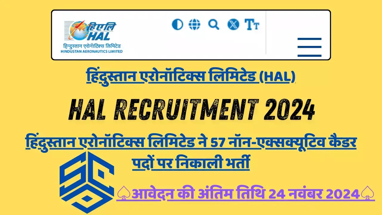 HAL Recruitment 2024: हिंदुस्तान एरोनॉटिक्स लिमिटेड ने 57 नॉन-एक्सक्यूटिव कैडर पदों पर निकाली भर्ती, आवेदन की अंतिम तिथि 24 नवंबर 2024