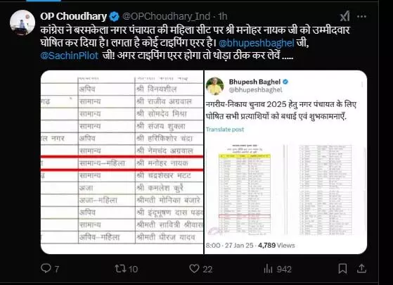 Political news: कांग्रेस ने महिला आरक्षित सीट से पुरुष को दिया टिकट: बीजेपी की सूची में भी टाइपिंग एरर Political news: कांग्रेस ने महिला आरक्षित सीट से पुरुष को दिया टिकट: बीजेपी की सूची में भी टाइपिंग एरर