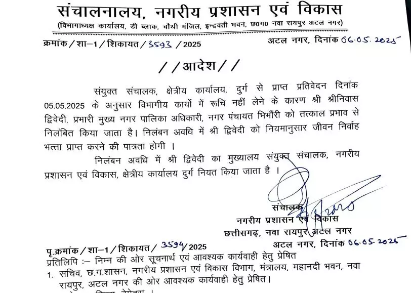 CMO Suspended: सीएमओ निलंबित, विभागीय कार्यो में रूचि नहीं लेने पर हुई कार्रवाई... | CMO Suspended: CMO suspended, action taken for not taking interest in departmental work...