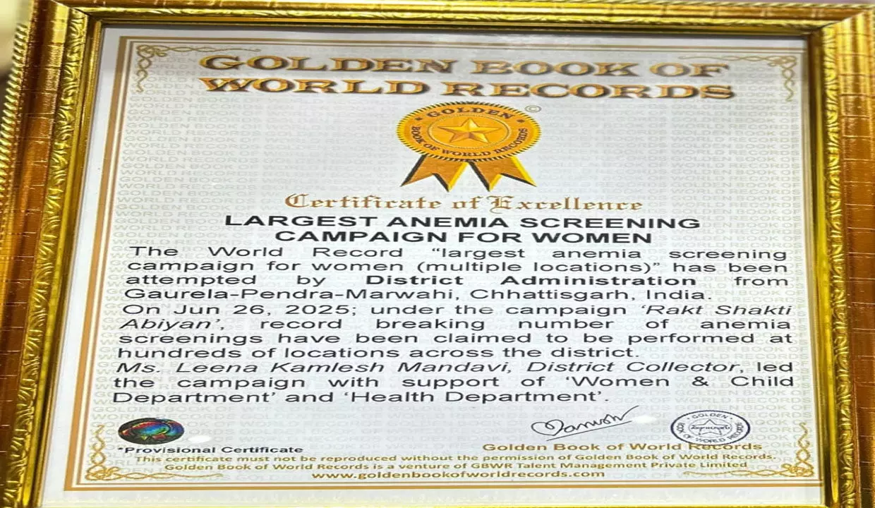 CG News: छत्तीसगढ़ का यह जिला गोल्डन बुक ऑफ वर्ल्ड रिकार्ड में हुआ शामिल, एक ही दिन में 51727 महिलाओं का हुआ एचबी जांच... CG News: छत्तीसगढ़ का यह जिला गोल्डन बुक ऑफ वर्ल्ड रिकार्ड में हुआ शामिल, एक ही दिन में 51727 महिलाओं का हुआ एचबी जांच...