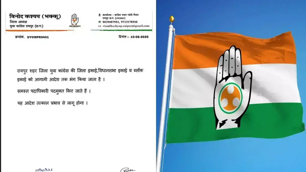 CG News: रायपुर शहर जिला युवा कांग्रेस की पूरी कमेटी भंग, आदेश तत्काल प्रभाव से लागू, अभी देखें आदेश!