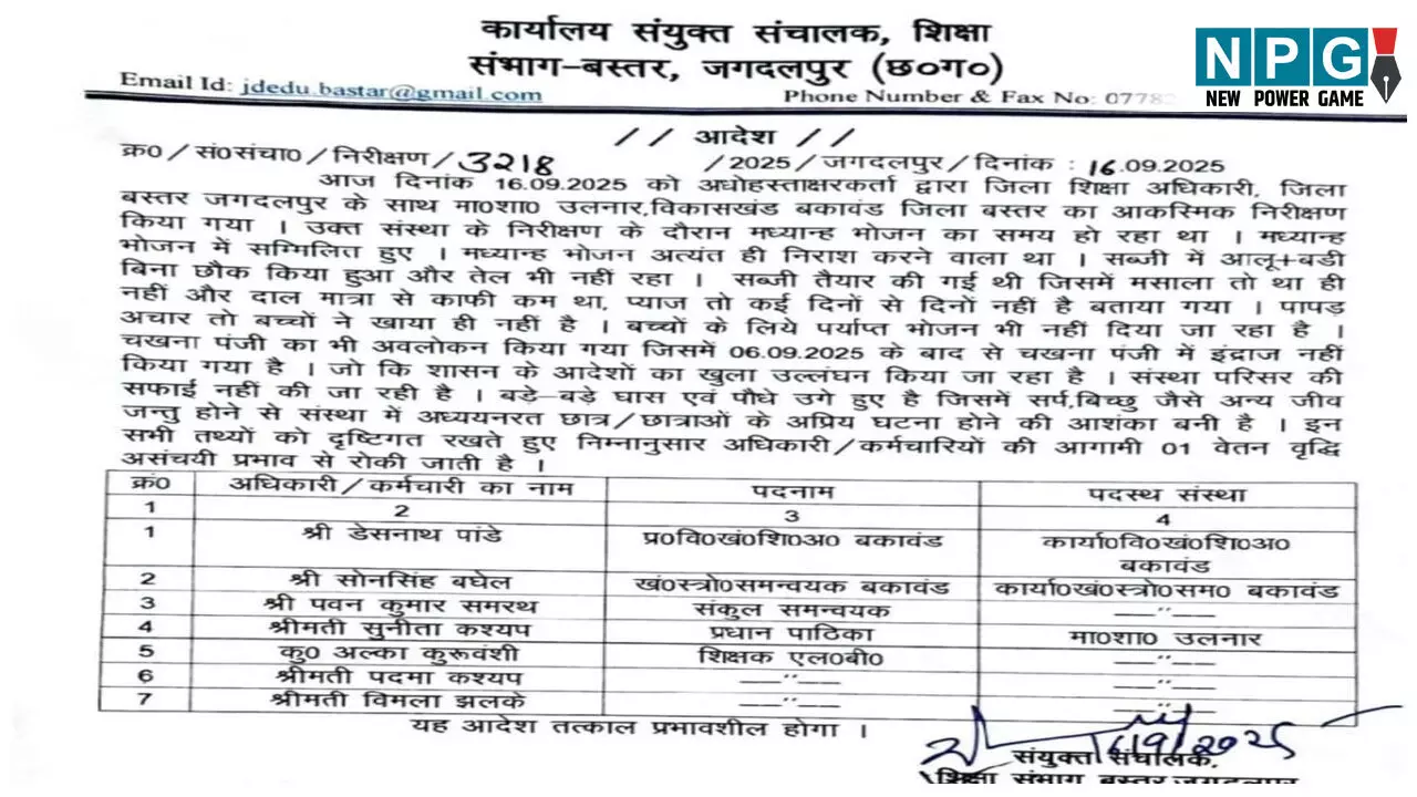 CG Jagdalpur News: MDM में लापरवाही: BEO, BRC समेत सात की रोकी गई वेतन वृद्धि