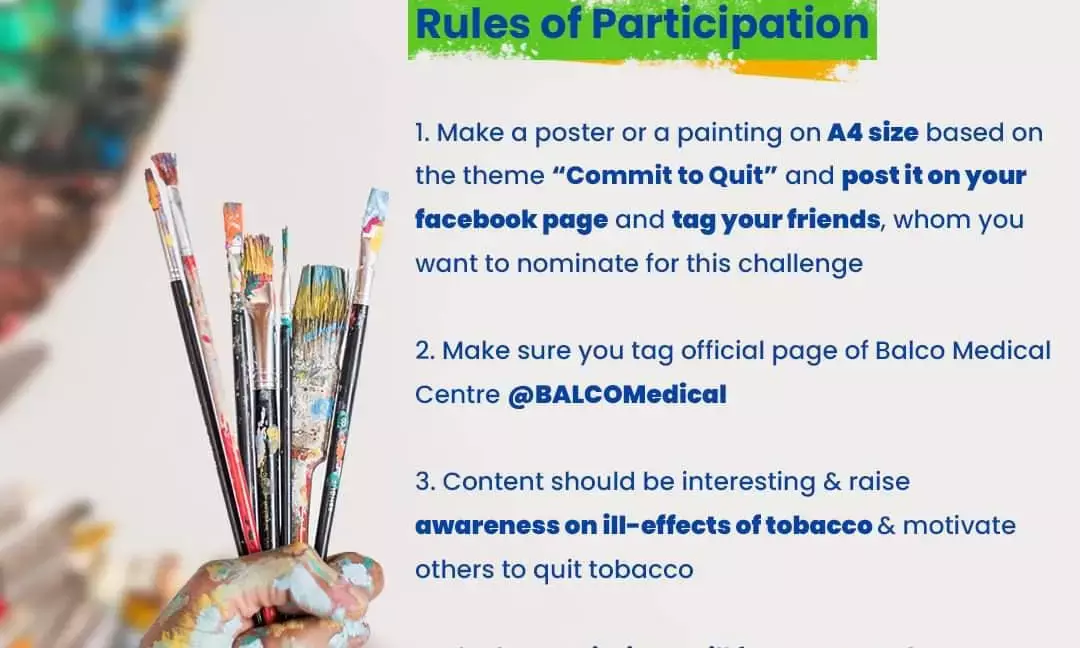 विश्व तंबाकू निषेध दिवस पर बालको मेडिकल सेंटर कर रहा है फेसबुक पर पोस्टर मेकिंग व पेंटिंग चैलेंज का आयोजन