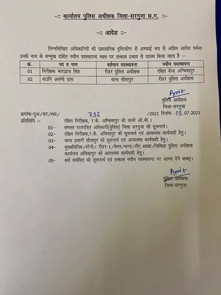 TI लाईन रवाना कप्तान के रीडर रहे टीआई भारद्वाज सिंह लाईन भेजे गए.. अलंगो दास नए रीडर