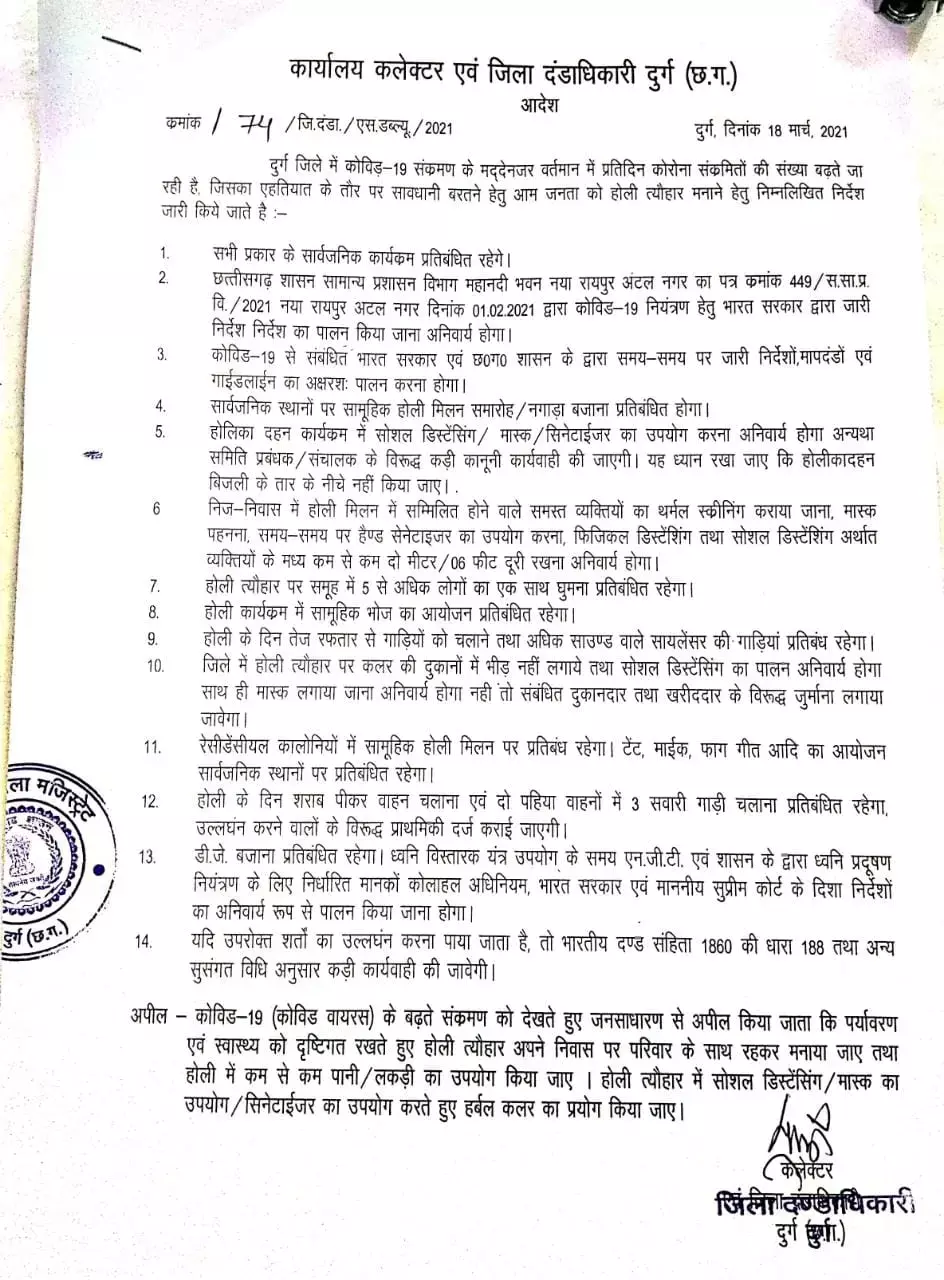 CG कोरोना गाईडलाईन- बिग ब्रेकिंग – होली मिलन, फाग, सामूहिक होली आयोजन, डीजे, भोज… सब पर रहेगा बैन….  इस जिले में भी होली को लेकर जारी हुई नयी गाईडलाइन……पढ़िये आदेश