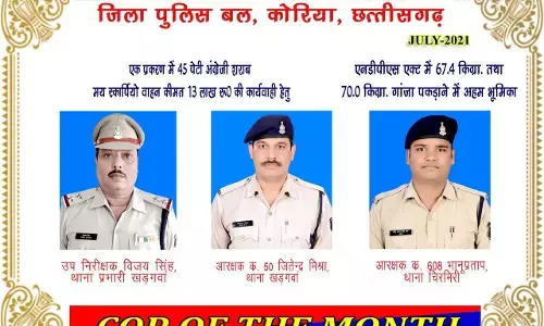 कोरिया पुलिस कॉप आफ द मंथ: थाना प्रभारी विजय सिंह, आरक्षक जितेंद्र मिश्रा, आरक्षक भानूप्रताप चुने गए कॉप ऑफ द मंथ…